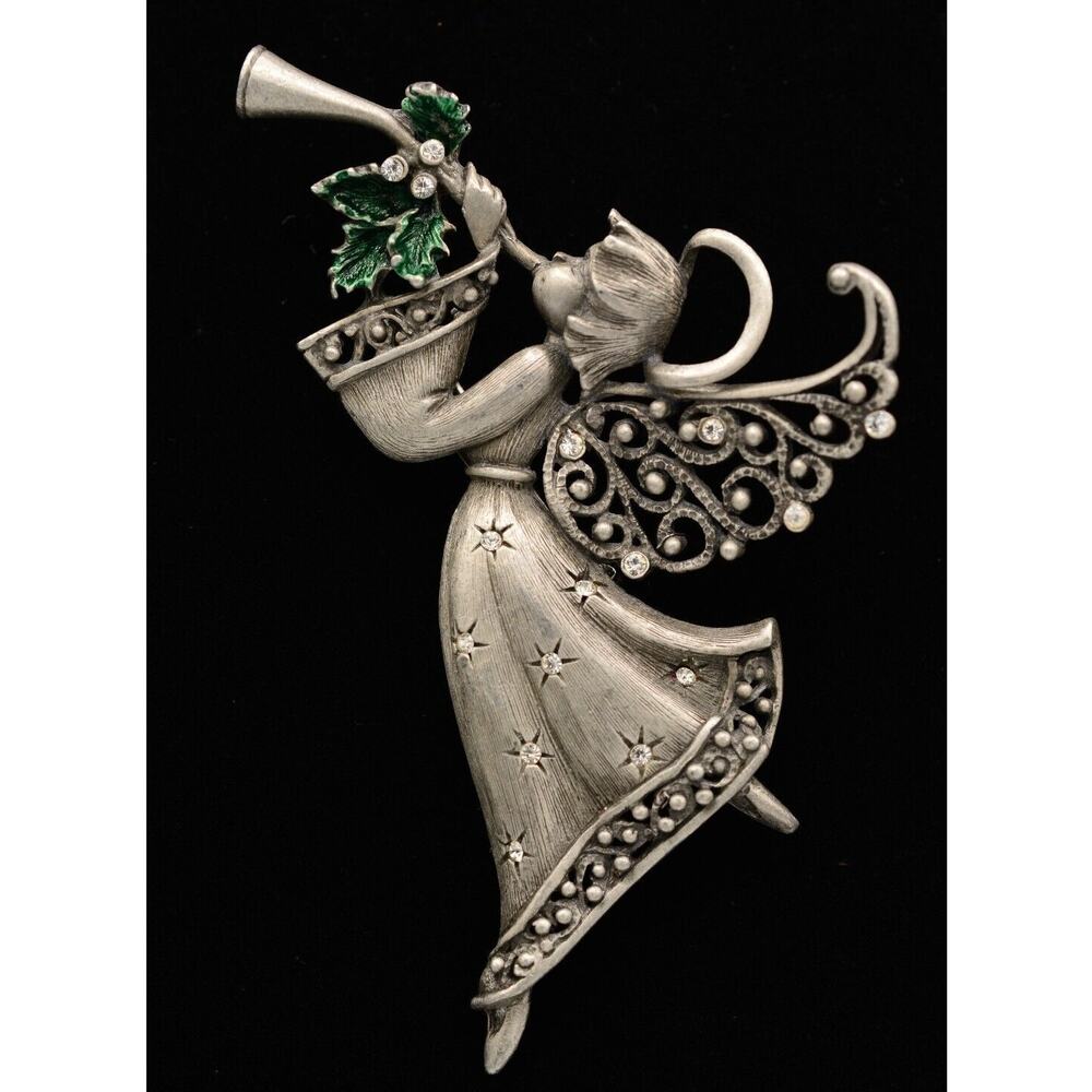 JJ Vintage Angel Pin Brooch Christmas Horn Rhinestone Stars Holiday Signed BinAP